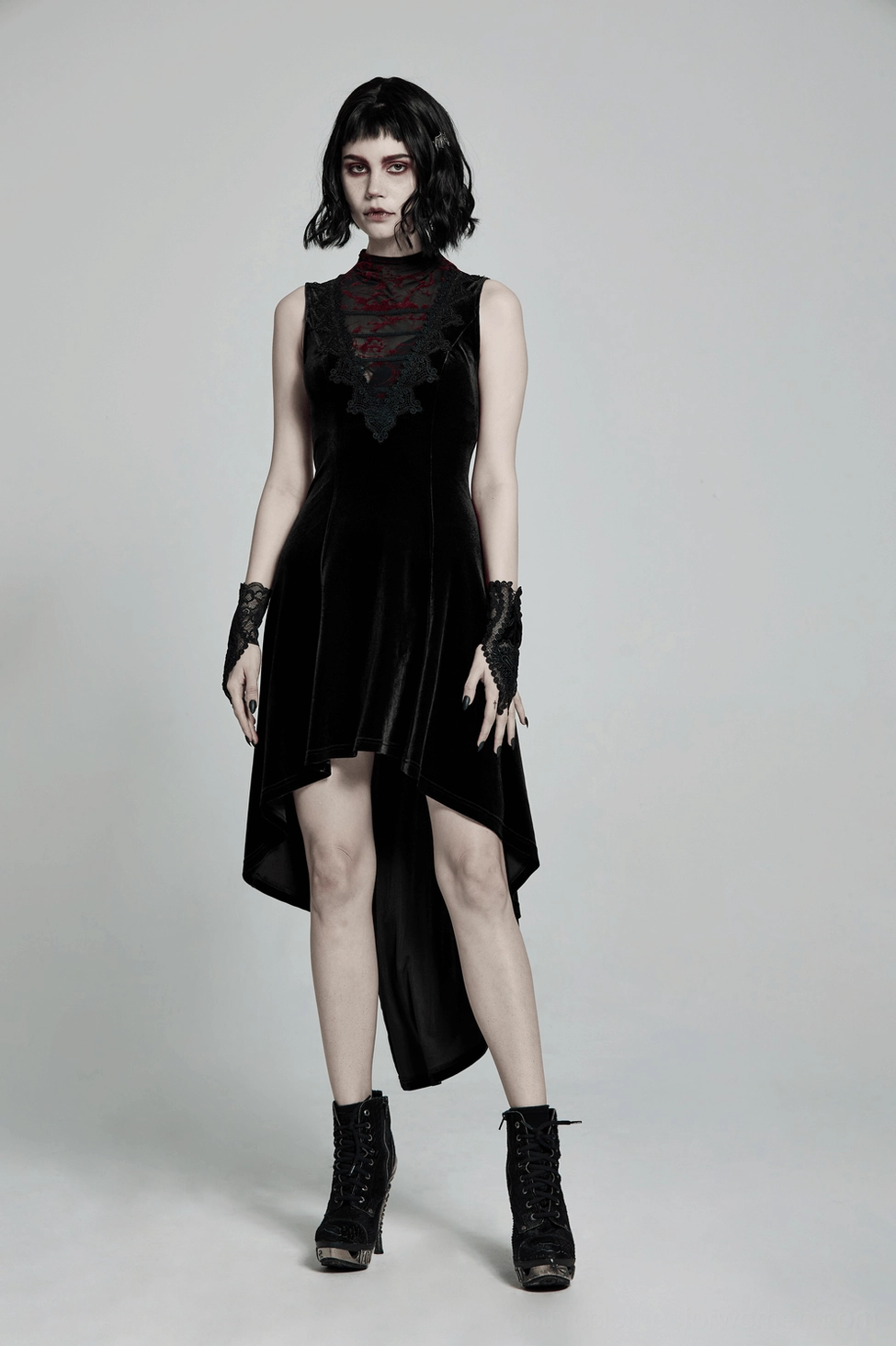 Black velvet mesh gothic sleeveless high-low dress style and drape detail with lace accents