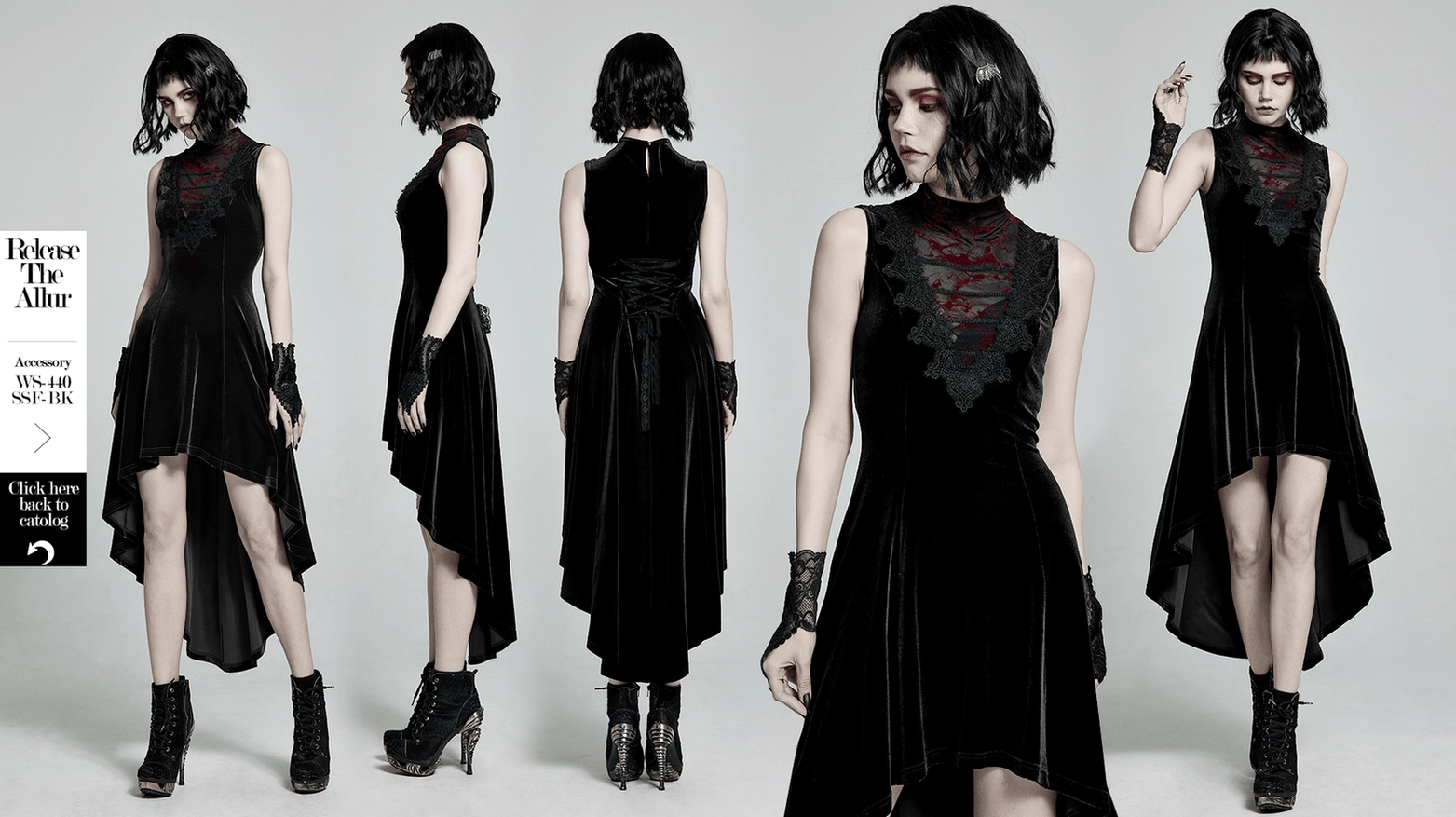 Black gothic velvet dress wearing shot displaying overall fit and dramatic high-low hem movement