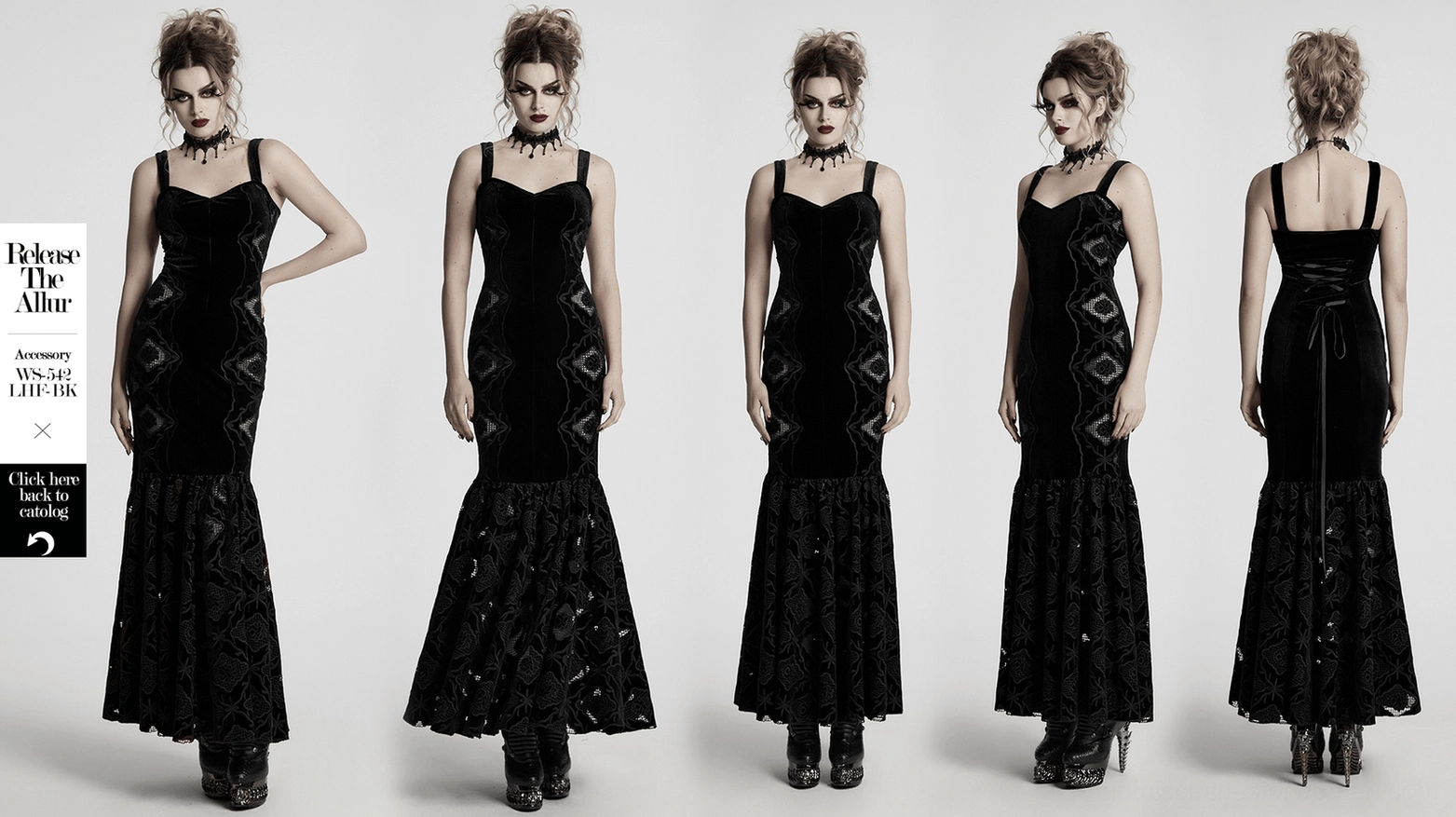 Black gothic velvet hollow embroidery dress main product shot featuring elegant neckline, fitted silhouette, and decorative hem