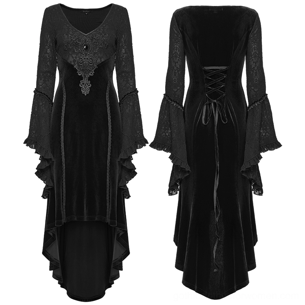 Black velvet gothic high-low dress flat lay front and back view displaying corset lace-up closure and bell sleeve details