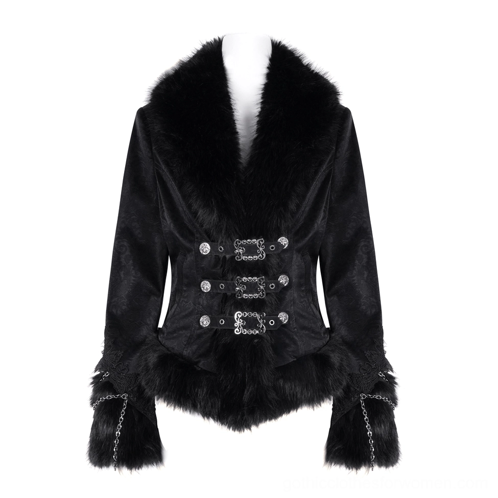 Black gothic jacket with embossed velvet and metal buckle closures - front display on mannequin