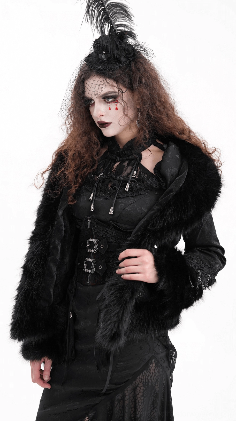 Black gothic velvet jacket with faux fur accents - front hero shot showing overall design