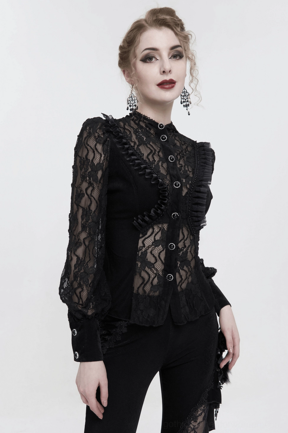 Full garment view of black gothic velvet lace blouse displaying overall silhouette with stand collar and ruffled sleeves