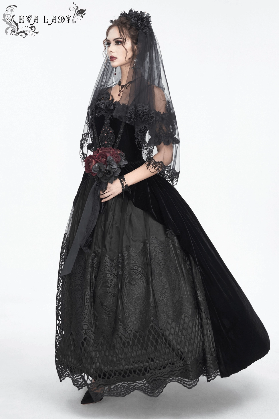 Black gothic velvet and lace dress combination - premium material showcase for formal occasion wear