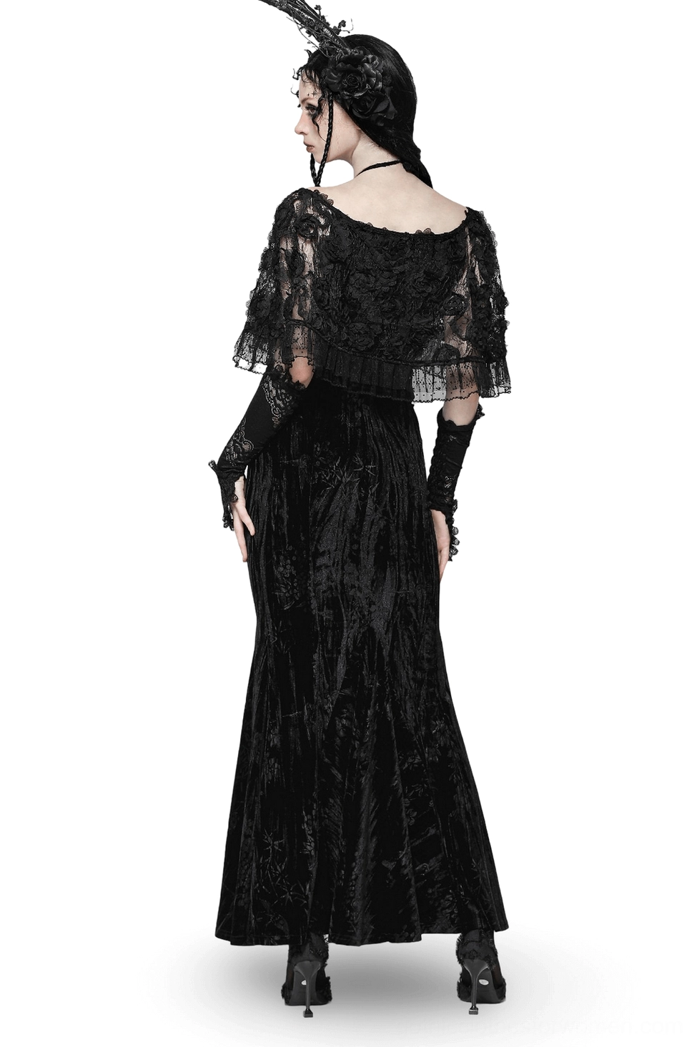 Black gothic velvet maxi dress with exposed back and flutter lace sleeves, rear full-body view