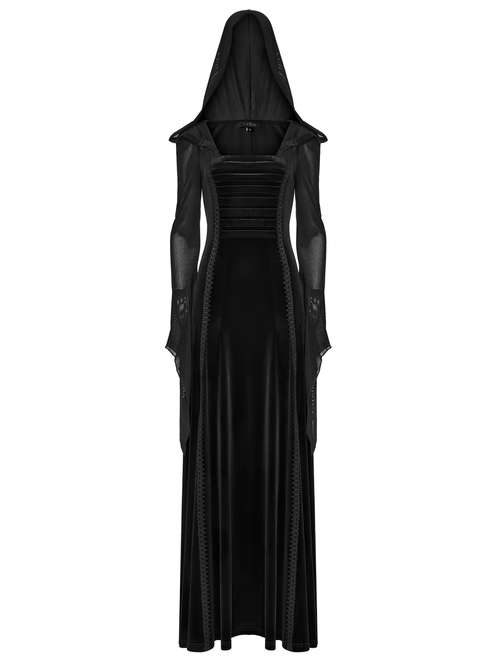 Black gothic hooded velvet maxi dress flat lay front view showing square neckline and floor-length skirt with sheer sleeves