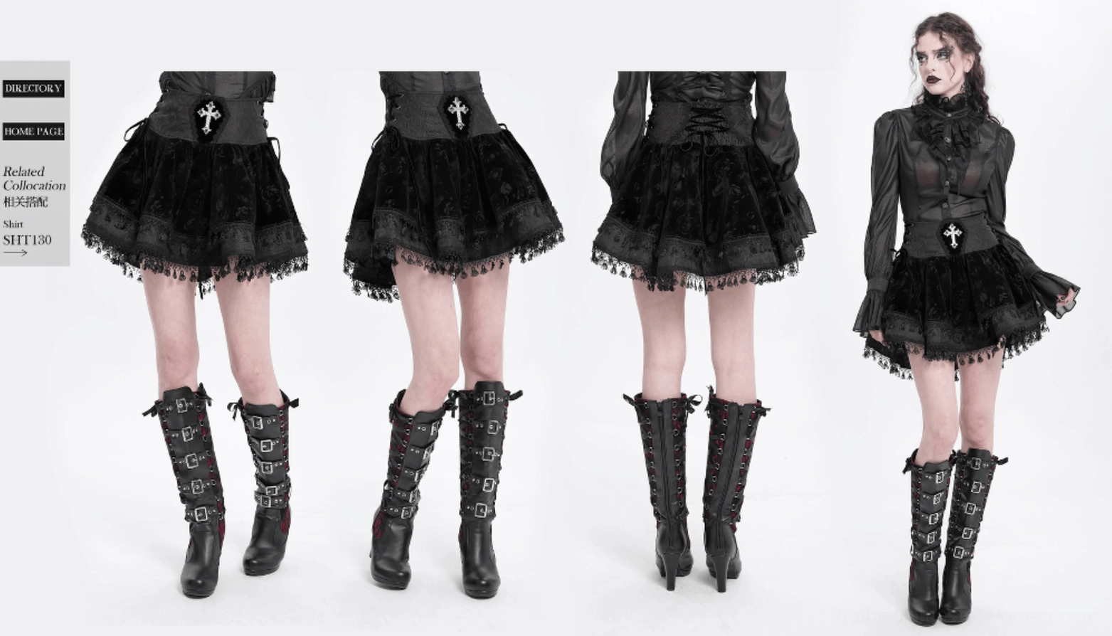 Complete view of black velvet gothic mini skirt showing all design elements: embroidered cross embellishment, side lace-up details, rose pattern fabric, and layered lace hem