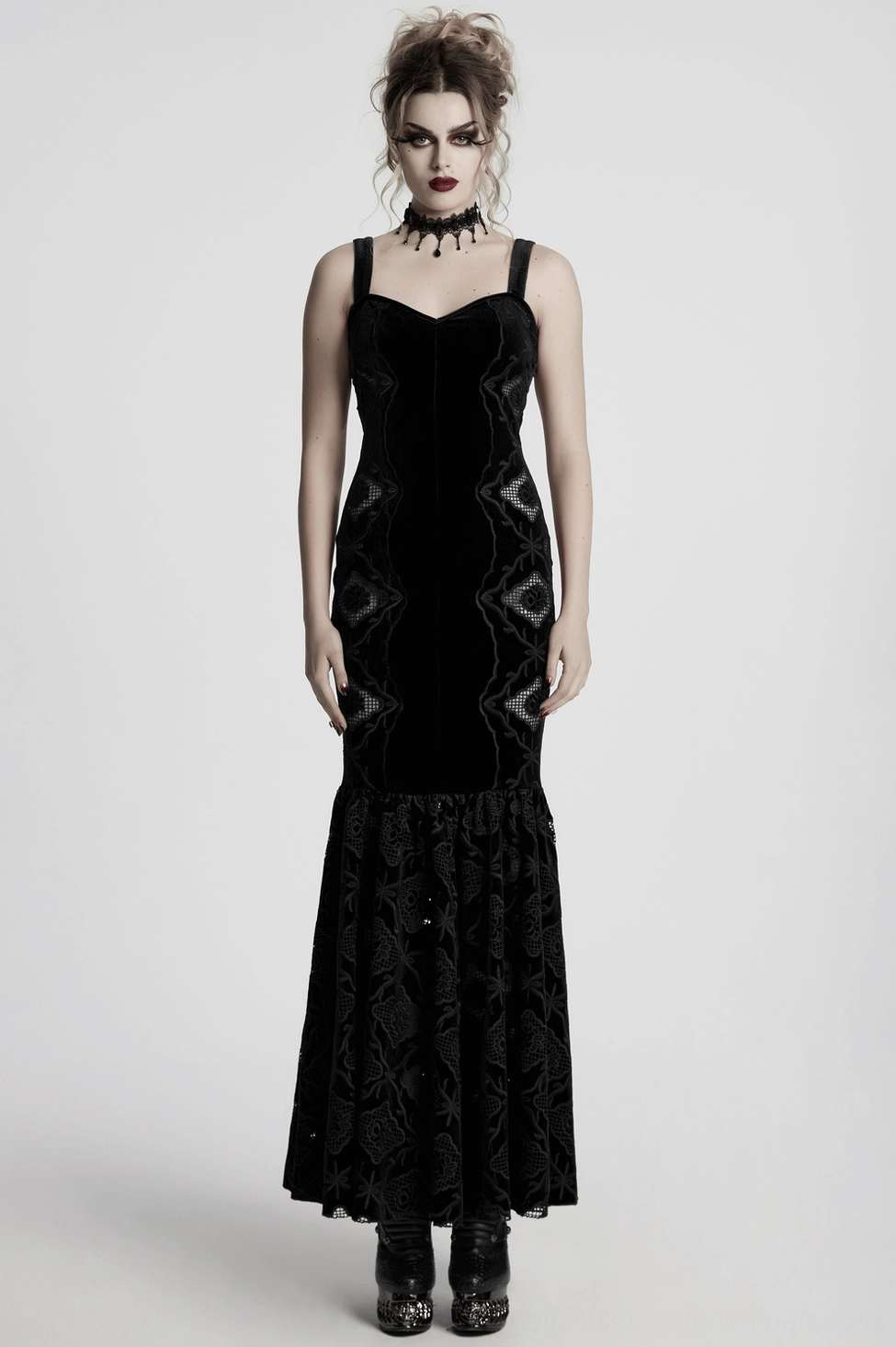 Alternative angle of black gothic velvet dress showing the complete silhouette with pleated lace hem and refined details