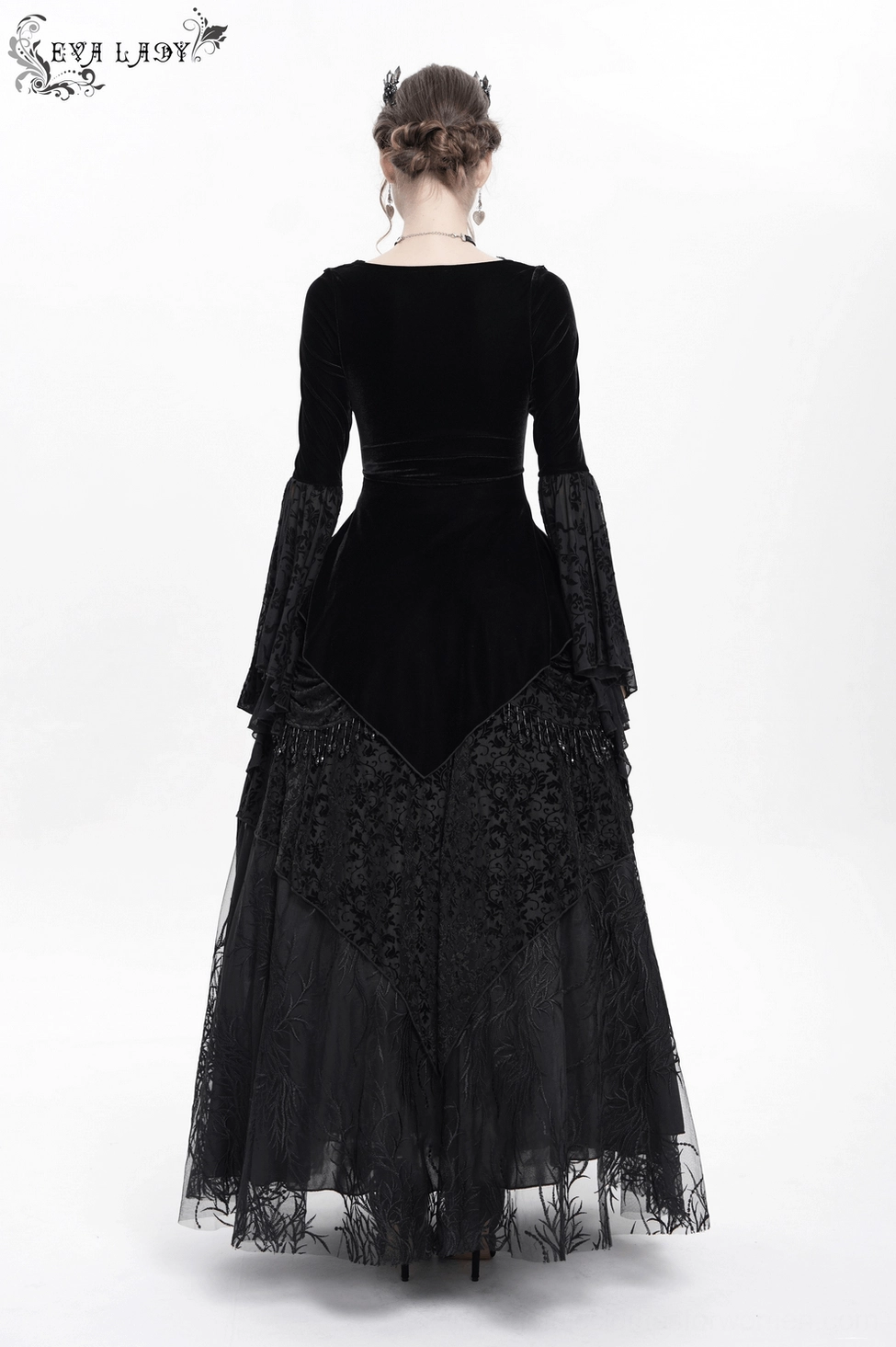Black velvet gothic corset lace top asymmetrical hemline and sleeve bell construction