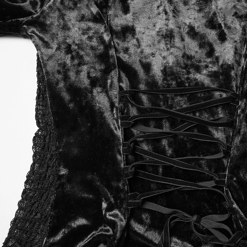 Alternative full-body front view of black gothic velvet lace top with flared sleeves, highlighting overall silhouette and design elements
