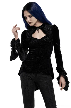 Black gothic velvet lace-up top with shadow flower jacquard pattern, heart-shaped bandeau collar, and ornate gem-studded brooch - front three-quarter view on model