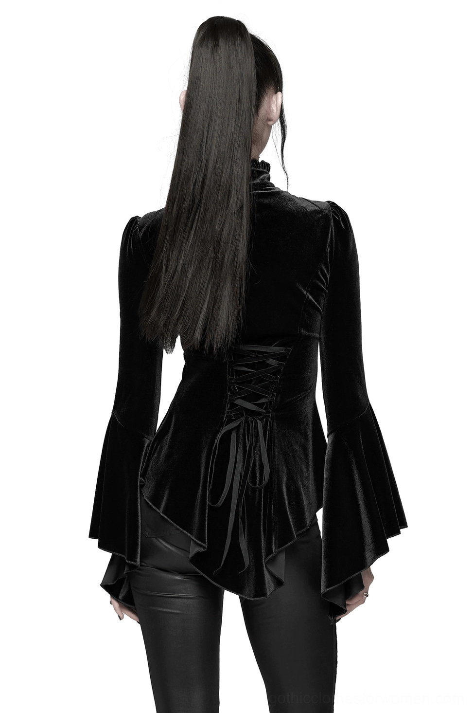 Black gothic velvet blouse back view displaying corset-style lace-up closure and flared bell sleeves with dramatic silhouette