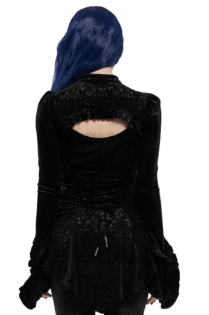 Black gothic velvet lace-up top rear view showing open back design with corset-style lace-up fastening, adjustable metal pendants, and asymmetric extended hem