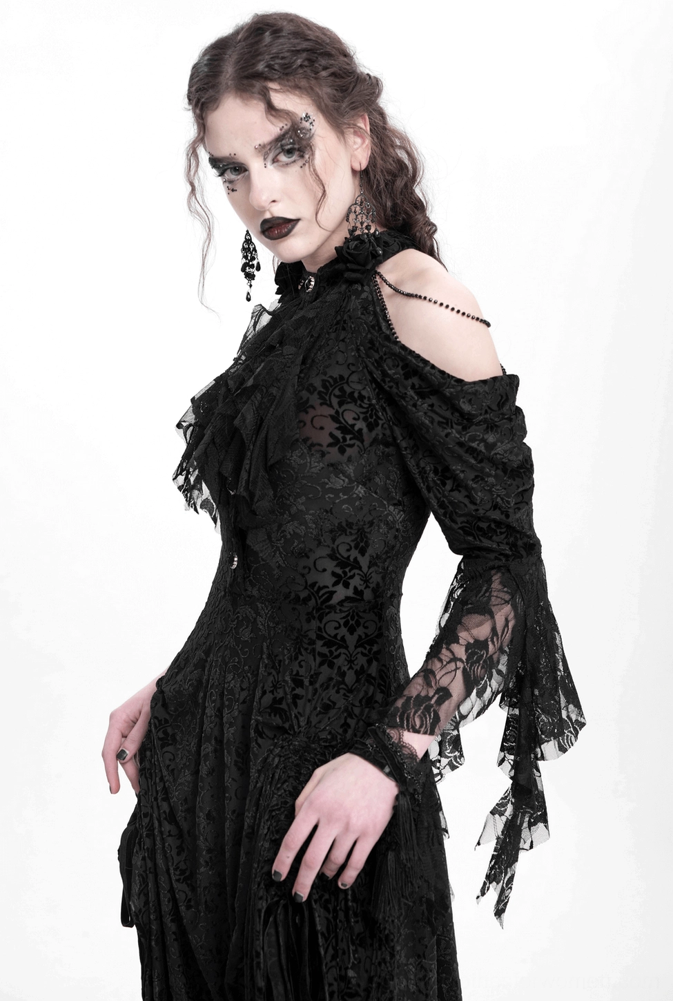 Full-length black gothic Victorian lace dress with cold-shoulder construction and asymmetric hem