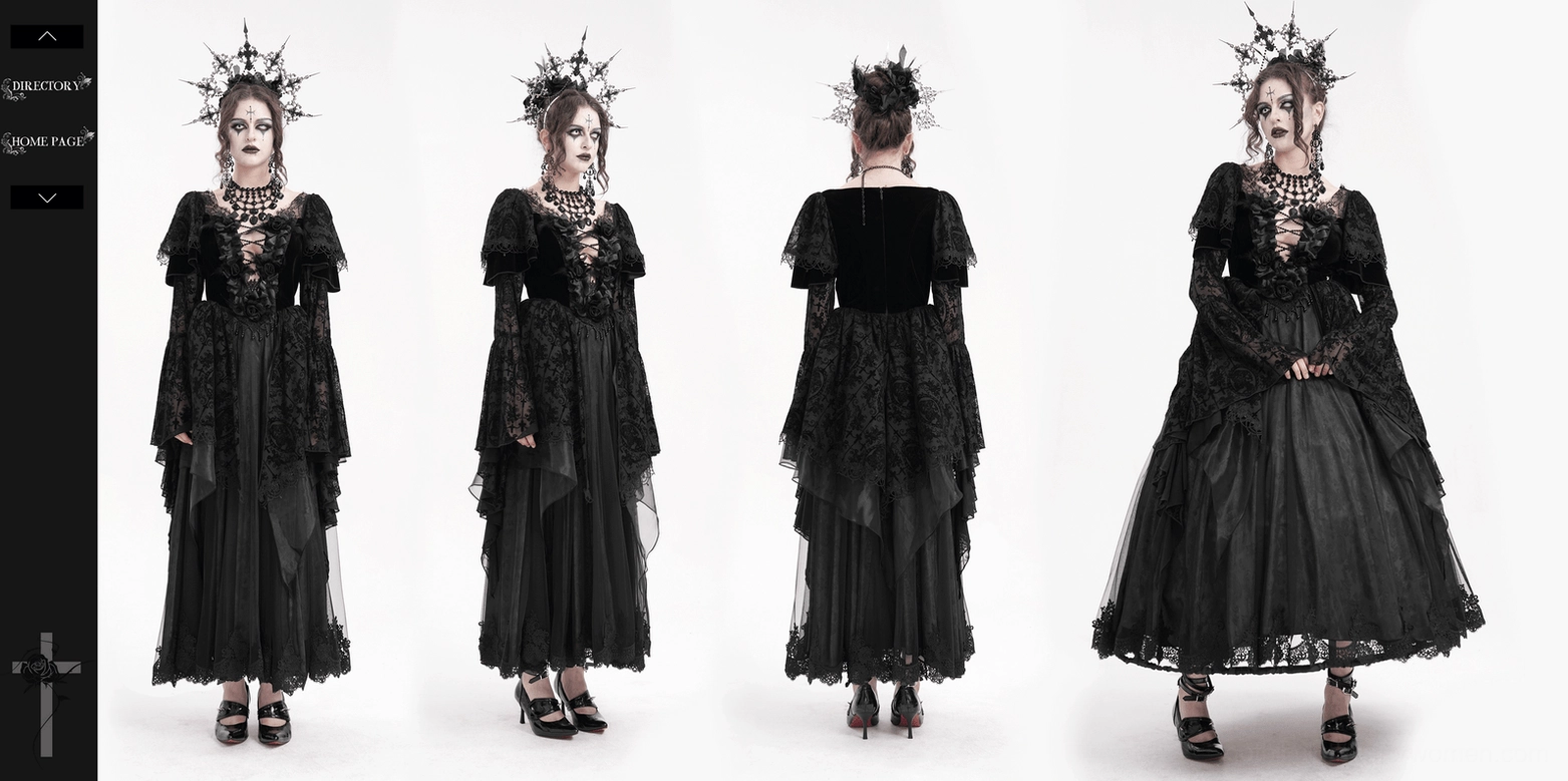 Black gothic Victorian lace dress product display showing complete silhouette with bell sleeves, lace overlay, and floor-length design