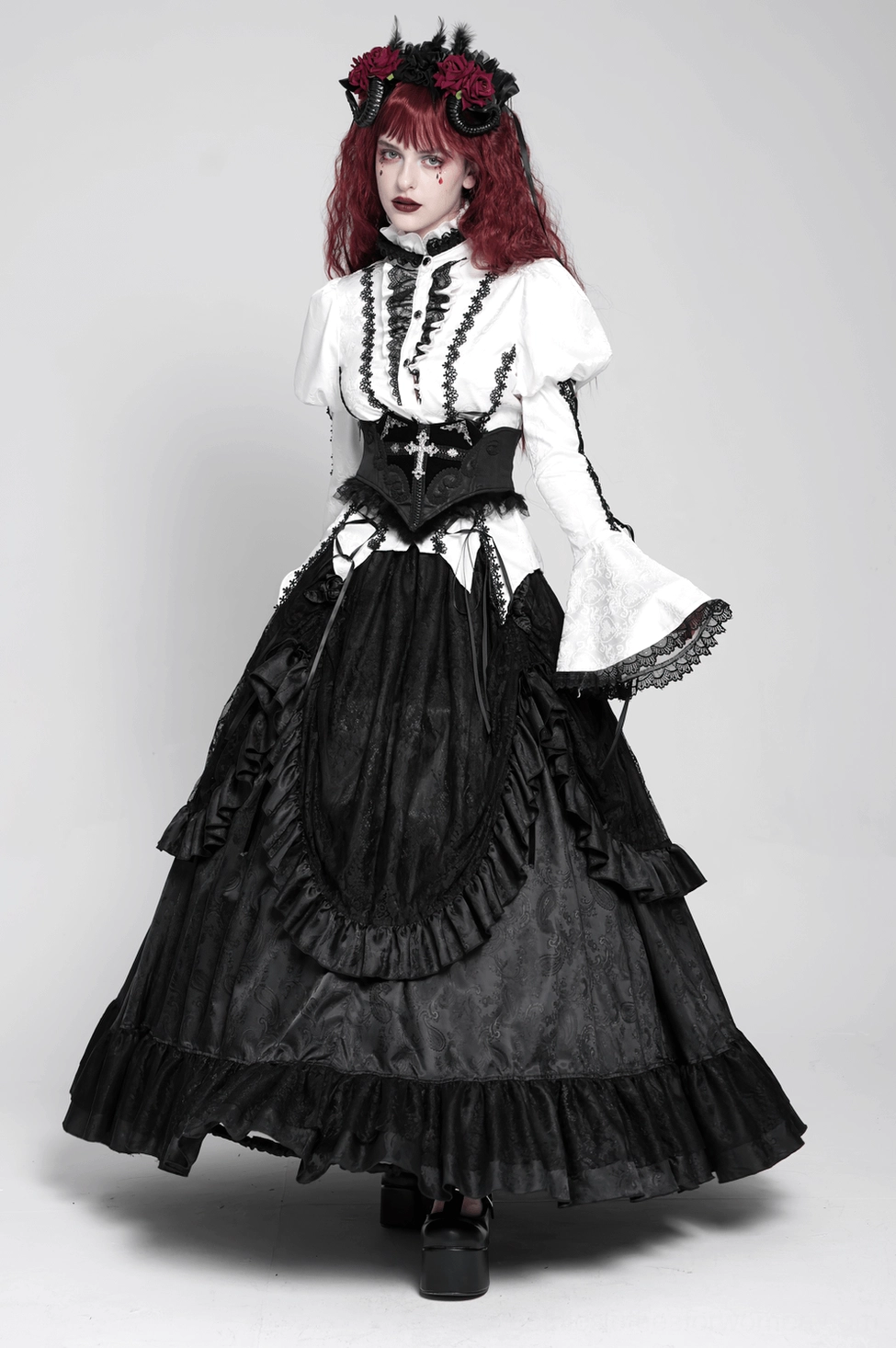 Black gothic waist corset belt adjustable fit system product shot demonstrating size flexibility through back lacing design and eyelet construction