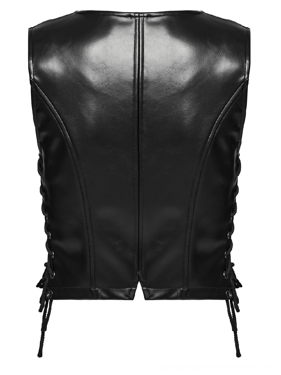Back view flat lay of black gothic waistcoat displaying tailored seams, smooth faux leather finish, and inverted split hem