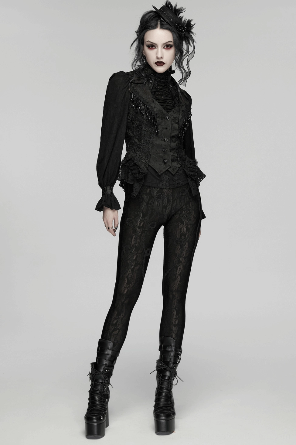 Black gothic waistcoat showing corset back lacing system and structured silhouette design