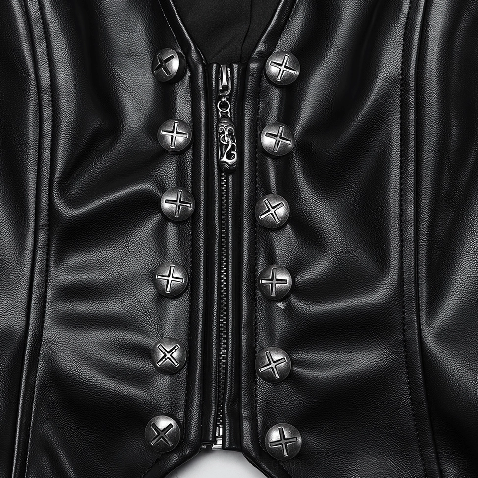 Close-up of black gothic waistcoat front showing cross-shaped rivet buttons, central metal zipper, and shiny faux leather texture