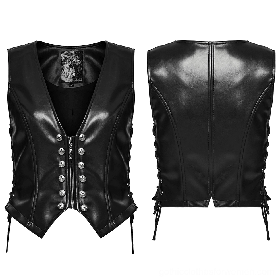 Flat lay display of black gothic faux leather waistcoat showing front and back silhouette with lace-up closures