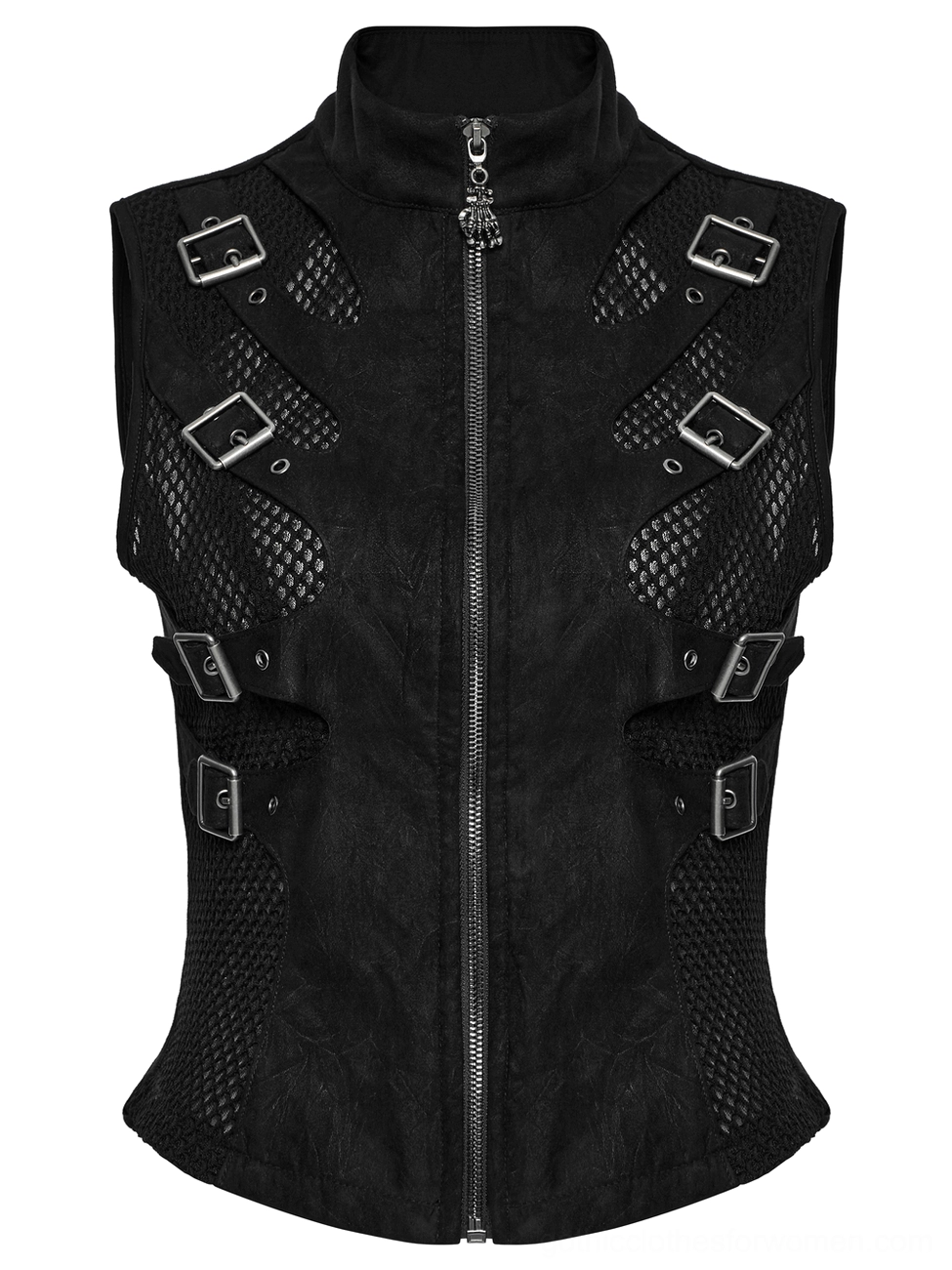 Front flat lay detail of black gothic waistcoat showing stand collar, metal front zipper, skeleton design, suede-mesh construction, and buckle hardware