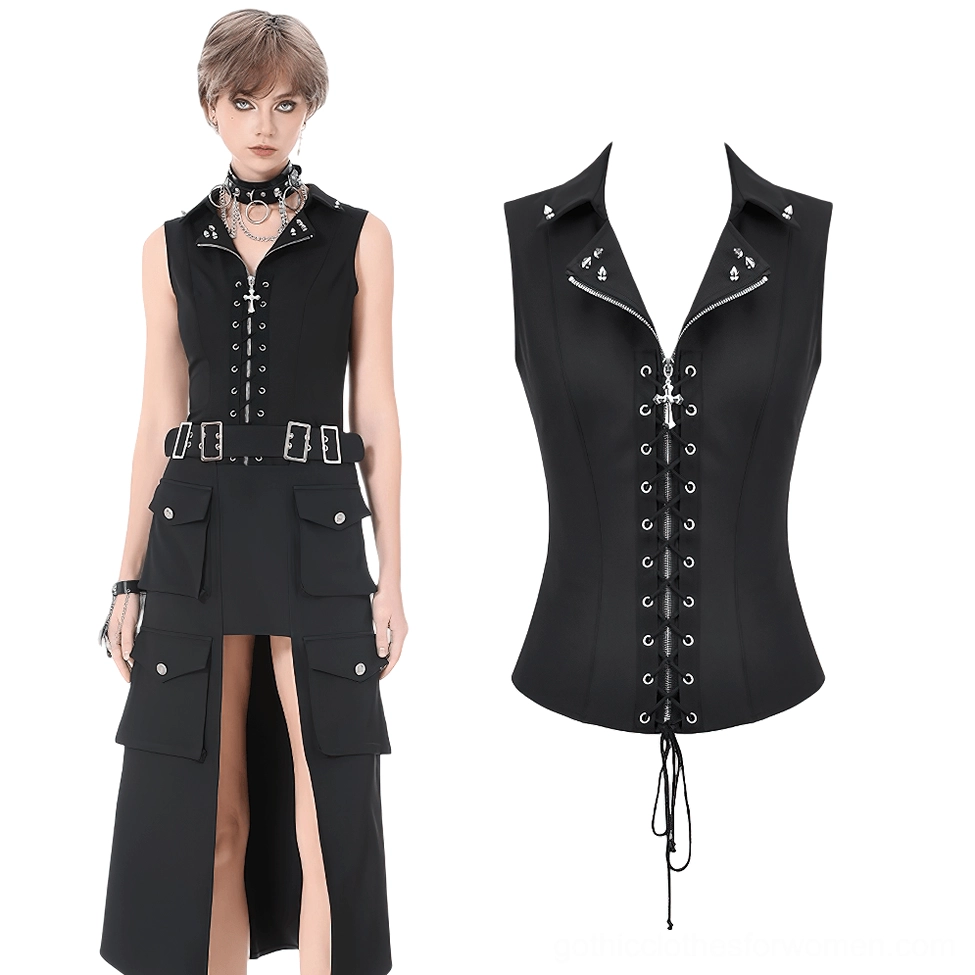 Full-length black gothic waistcoat with side split and multi-buckle styling