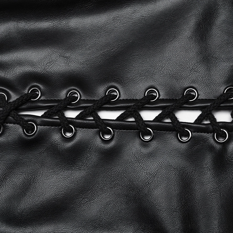Close-up of black gothic waistcoat side lace-up closure showing black cord, metal eyelets, and faux leather fabric detail