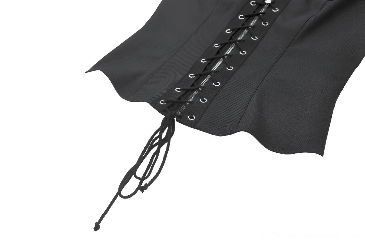 Close-up of black gothic waistcoat lace-up side panel with adjustable drawstring
