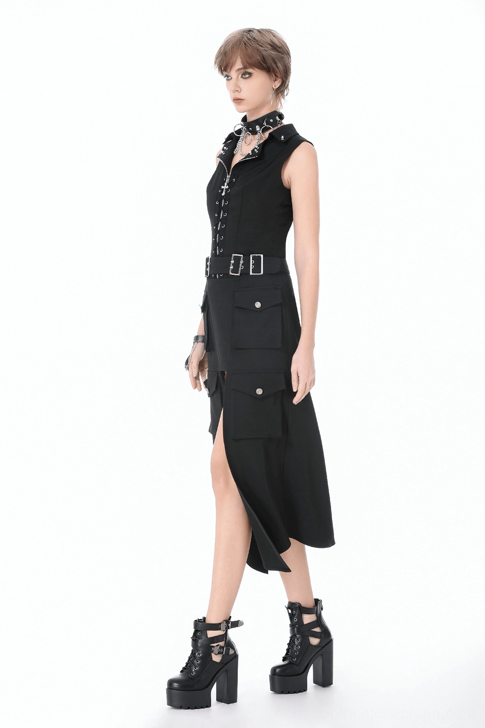 Black gothic waistcoat worn showing how it layers and coordinates with black basics