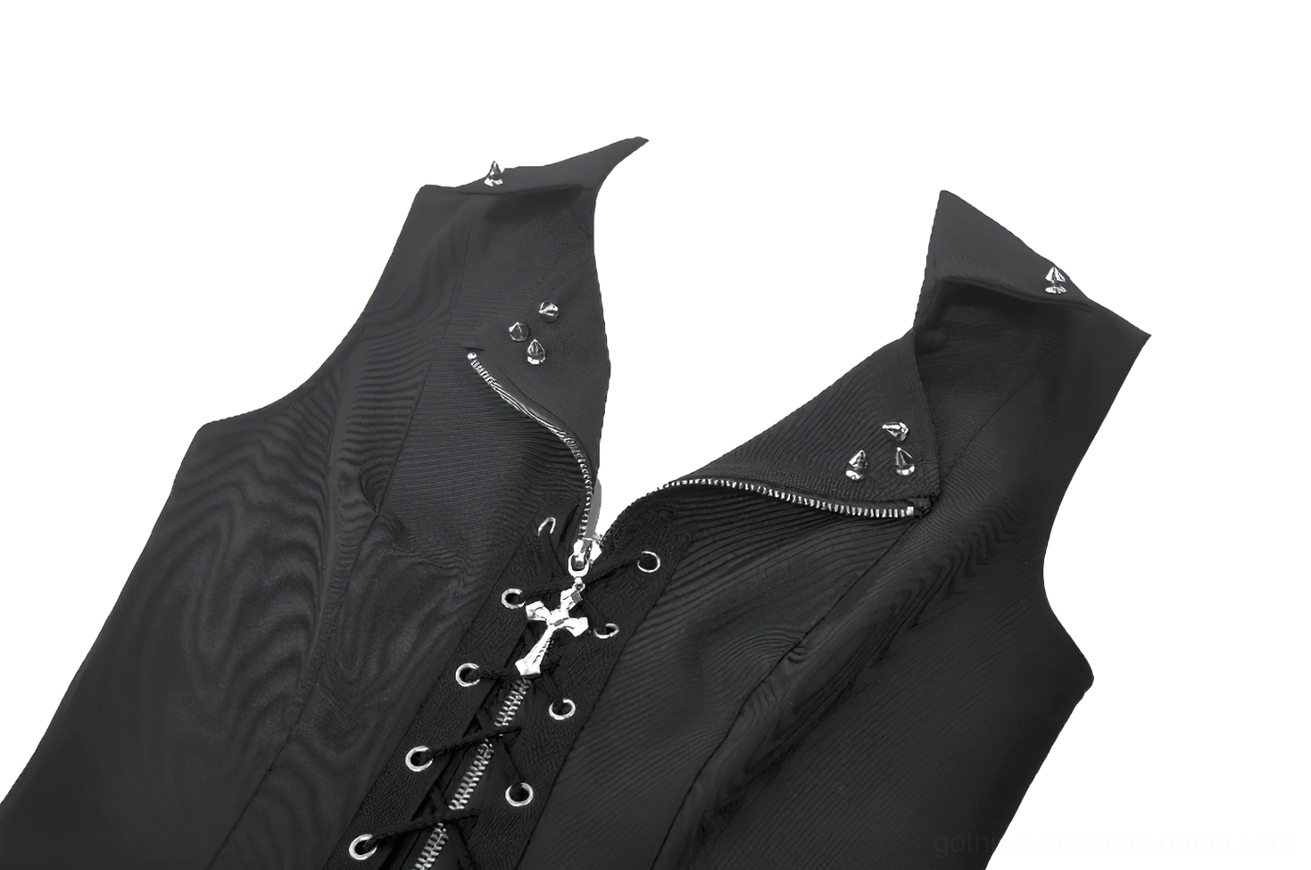Close-up of black gothic waistcoat front showing metal grommets and cross zipper