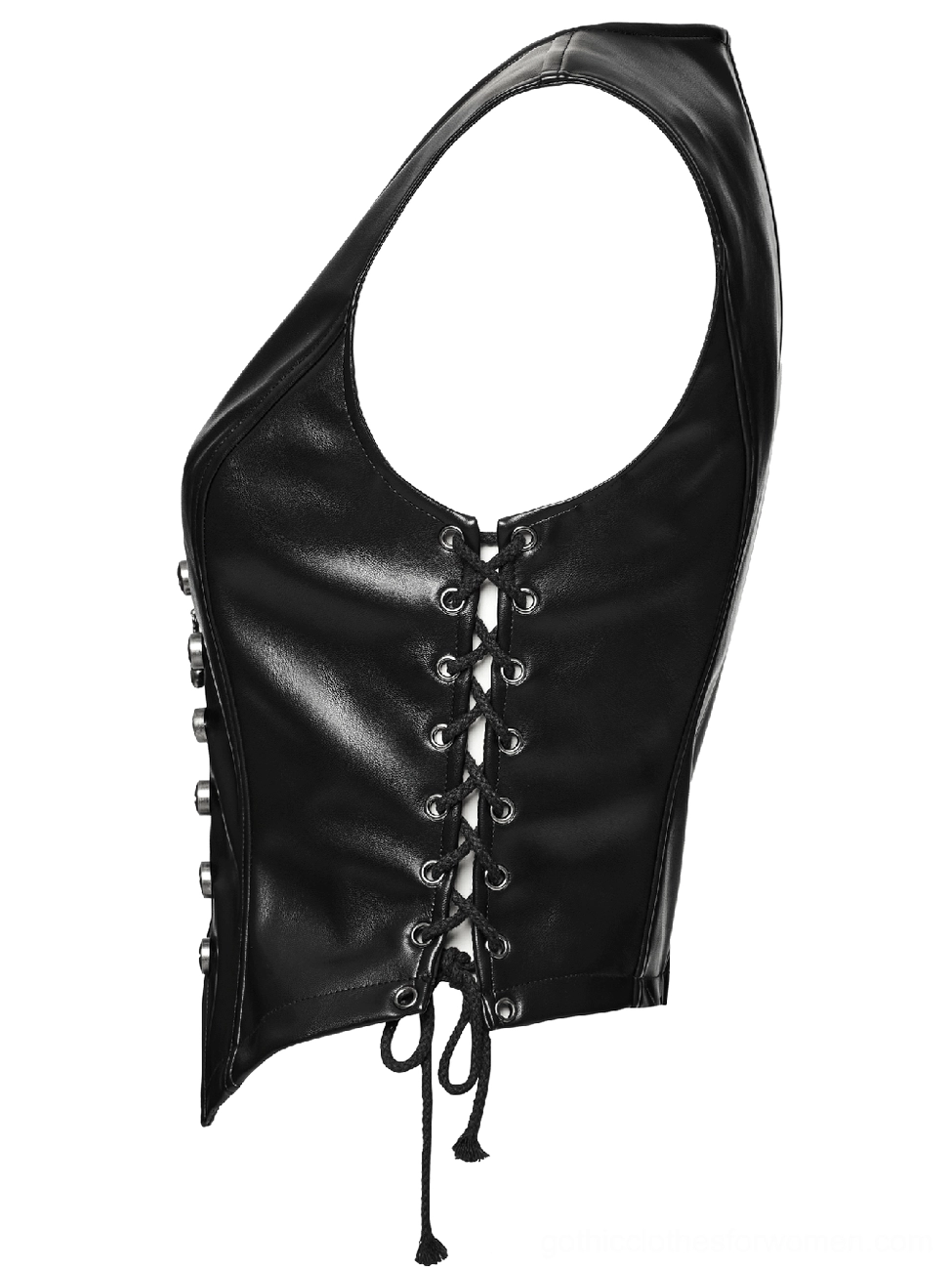 Side detail of black gothic faux leather waistcoat showing adjustable drawstring lace-up closure and split hem
