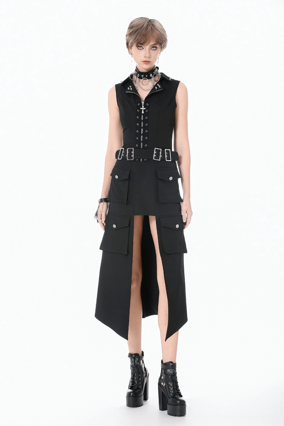 Black gothic waistcoat side profile showing fitted waist and longline hem