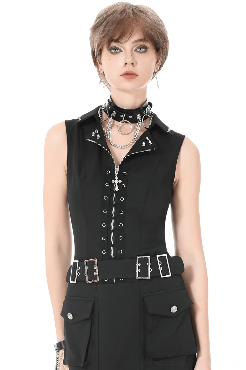 Black gothic waistcoat front view with studded collar and lace-up panel on model