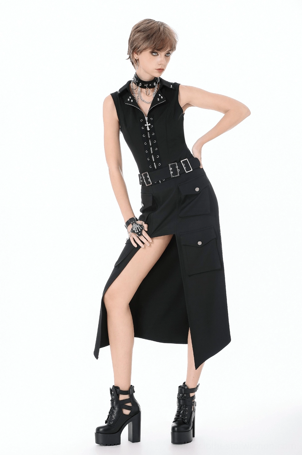 Black gothic waistcoat front detail emphasizing studded lapel and zipper design