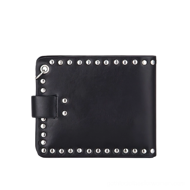 Gothic punk wallet back view showing solid black leather with silver rivet trim details