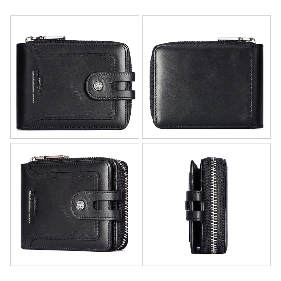 Black gothic leather wallet multi-view showing front back and side with button strap fastener