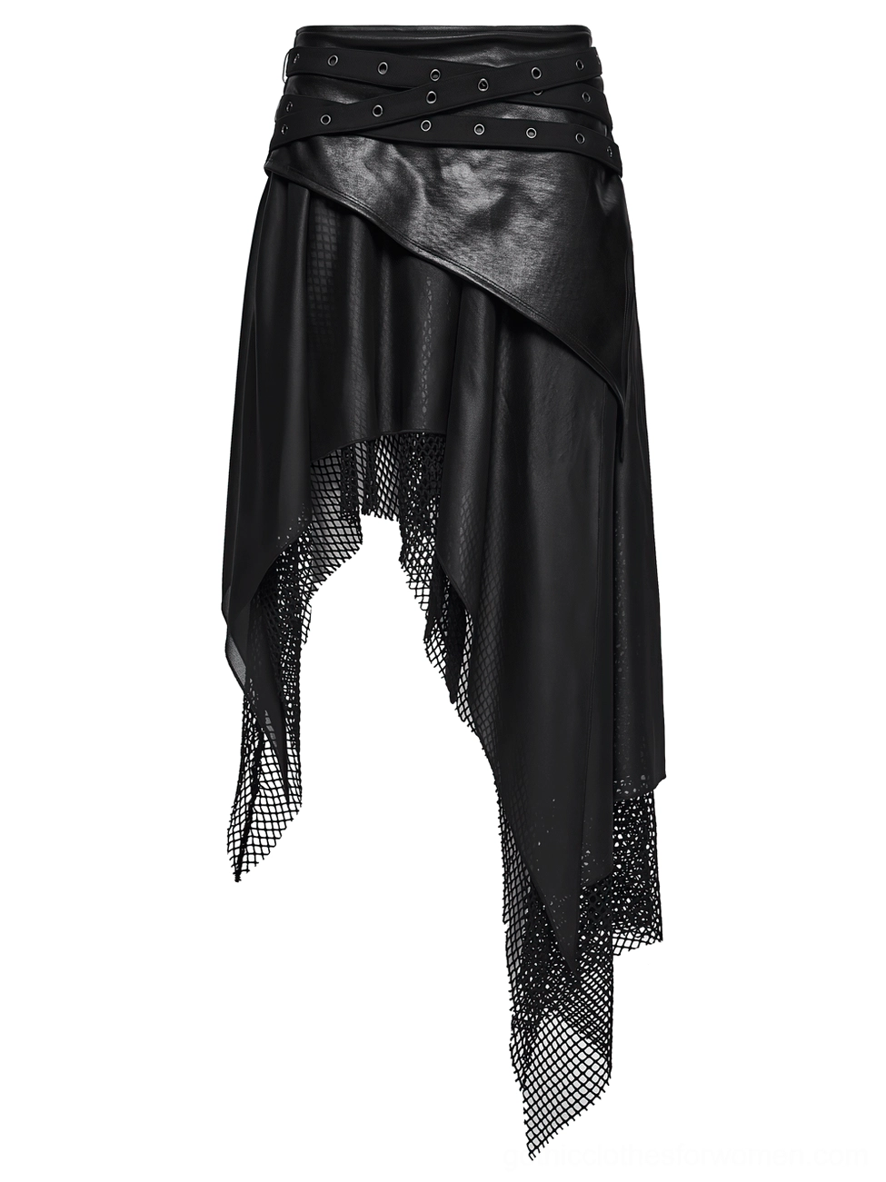 Single black faux leather gothic skirt flat lay front view with asymmetrical cut and mesh hem trim