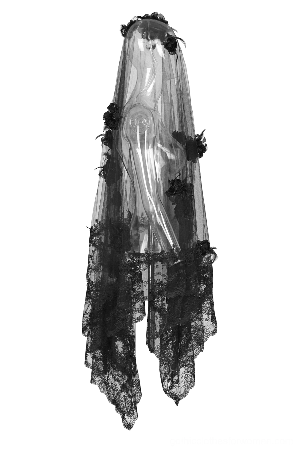 Compact black lace wedding veil with rose and lace decorations shown on mannequin form