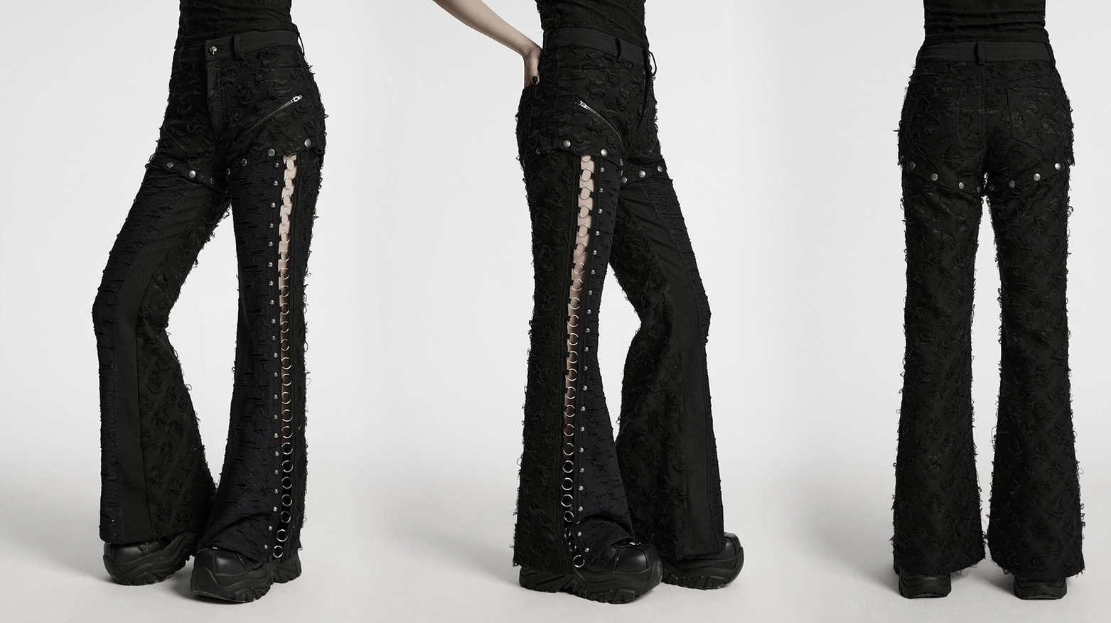 Black gothic pants wide-leg silhouette full view flat lay distressed texture