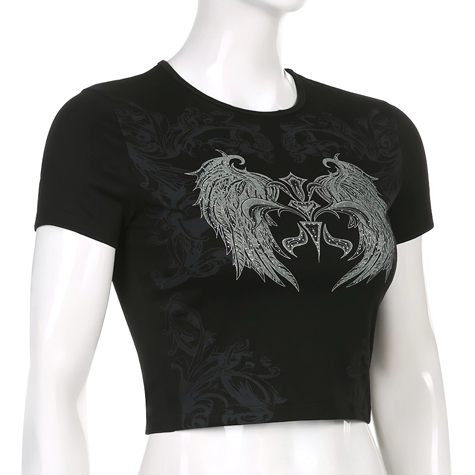 Black gothic crop top on mannequin - alternative wing print layout showcasing graphic design variation