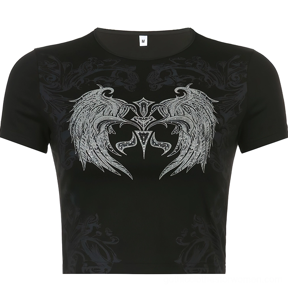 Black gothic wings crop top on mannequin - front display showing symmetric wing print with crew neck and short sleeves