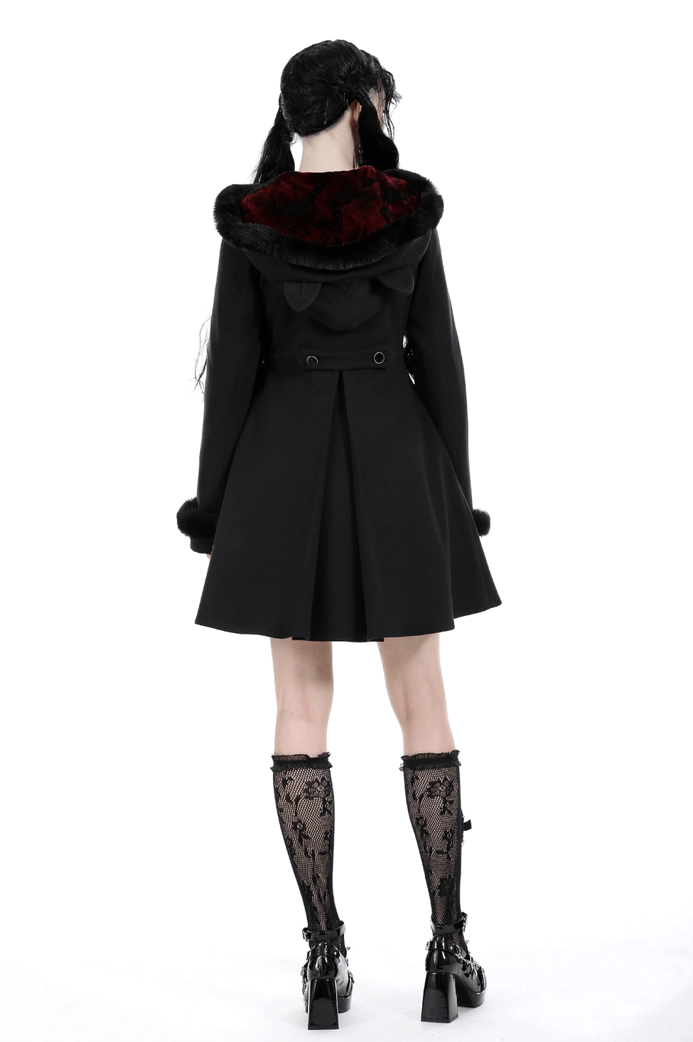 Black gothic winter coat with cat ear hood showcasing dark romantic aesthetics