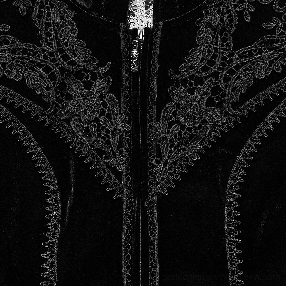 Gothic black velvet winter coat with Victorian silhouette and lace embellishments, back flat lay