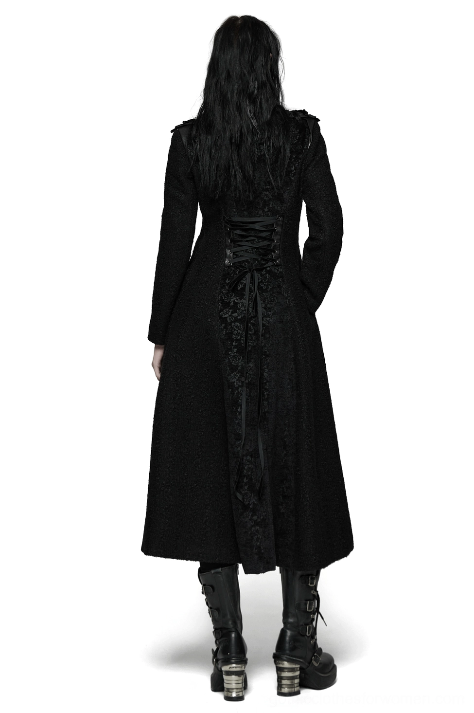 Black gothic wool coat rear view on model, featuring intricate lace-up corset back design with ribbon fasteners and floral jacquard embroidery
