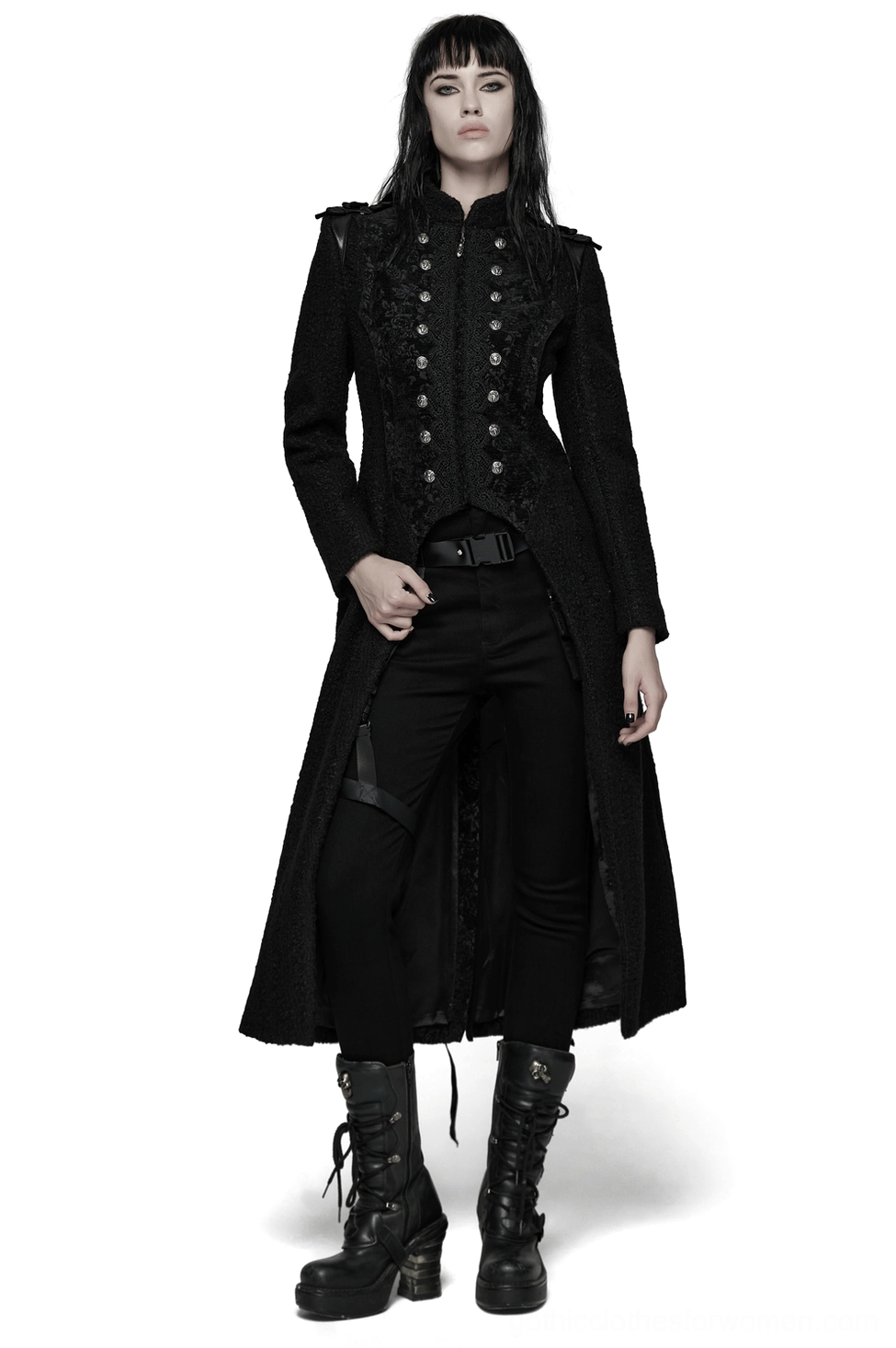 Black gothic double-breasted wool coat front view on model, showing symmetrical pointed lace trim and embossed skull rivets, floor-length fitted silhouette with dramatic A-line hem