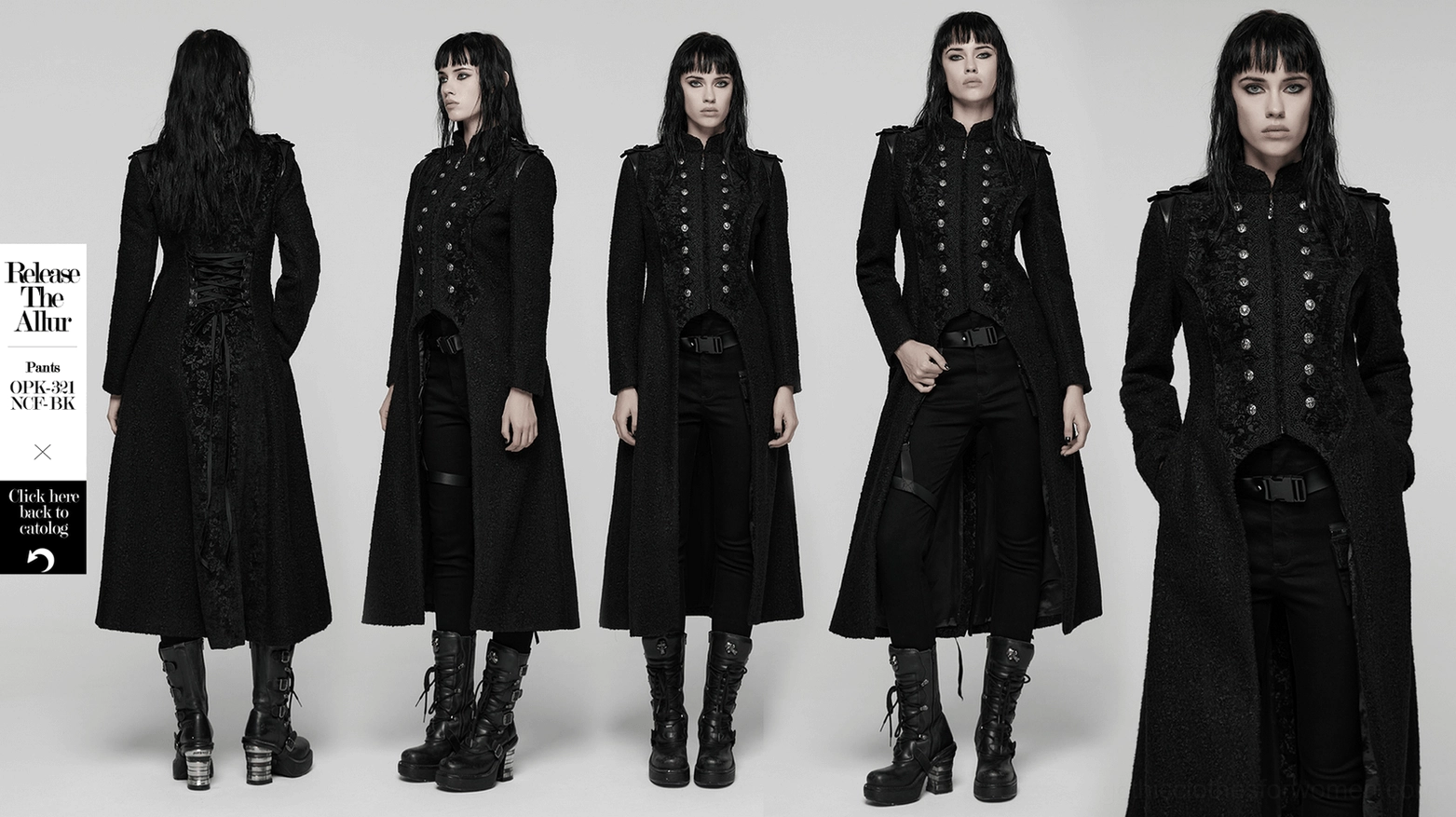 Black gothic double-breasted wool coat front three-quarter view showing complete silhouette with ram skull rivets, lace trim, and floor-length design