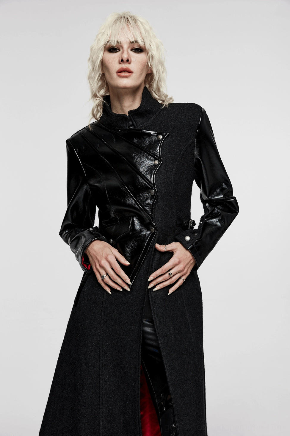 Black faux leather wool blend gothic coat full-length front view showcasing asymmetric design and industrial edge