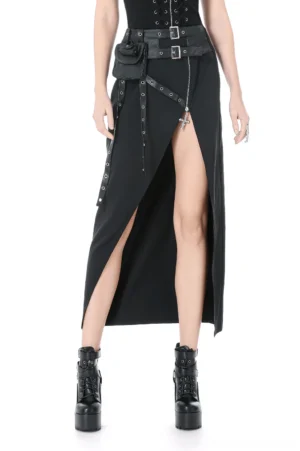 Black gothic wrap maxi skirt with grommet belts and cross charm - front full body view