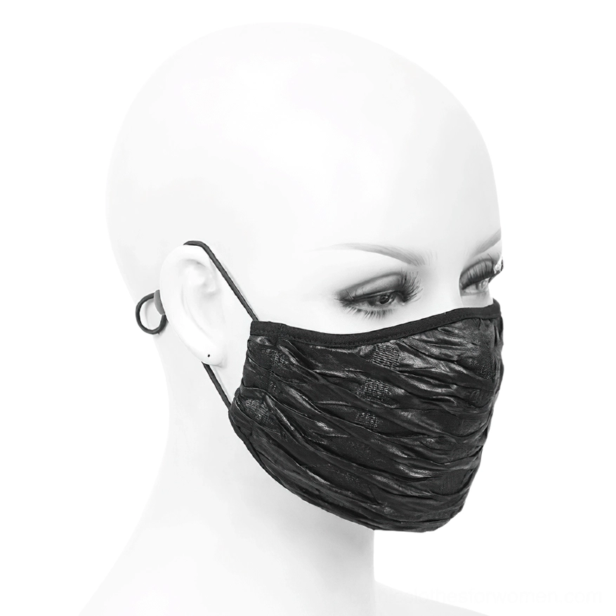 Left side view of black wrinkled gothic mask on mannequin, showcasing adjustable ear loop and texture detail