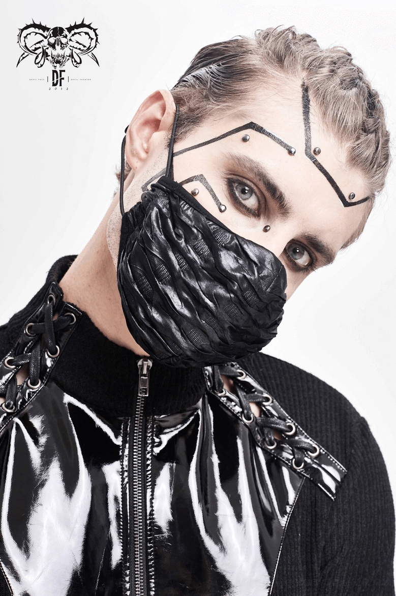 Back view of black wrinkled gothic face mask highlighting rear cord attachment and overall mask silhouette